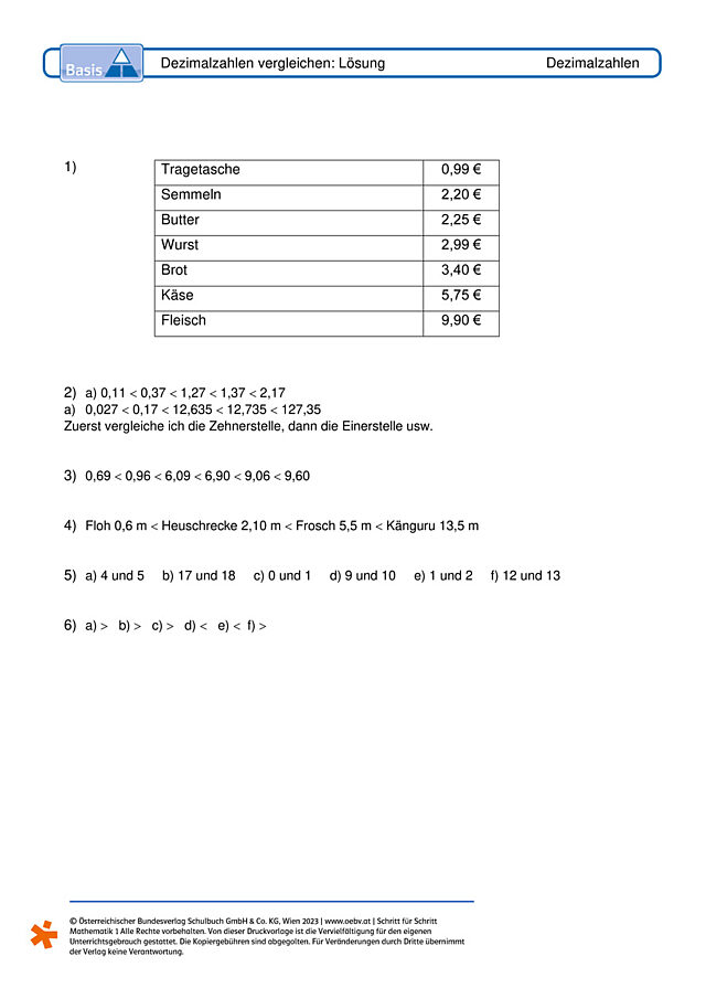 Dezimalzahlen vergleichen