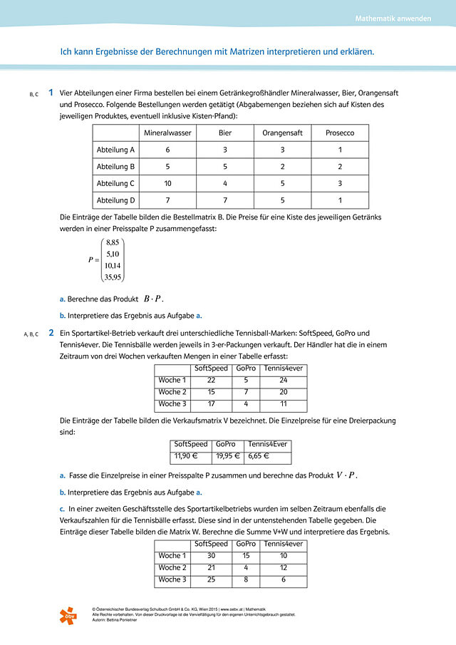 Ergebnisse der Berechnungen mit Matrizen interpretieren und erklären