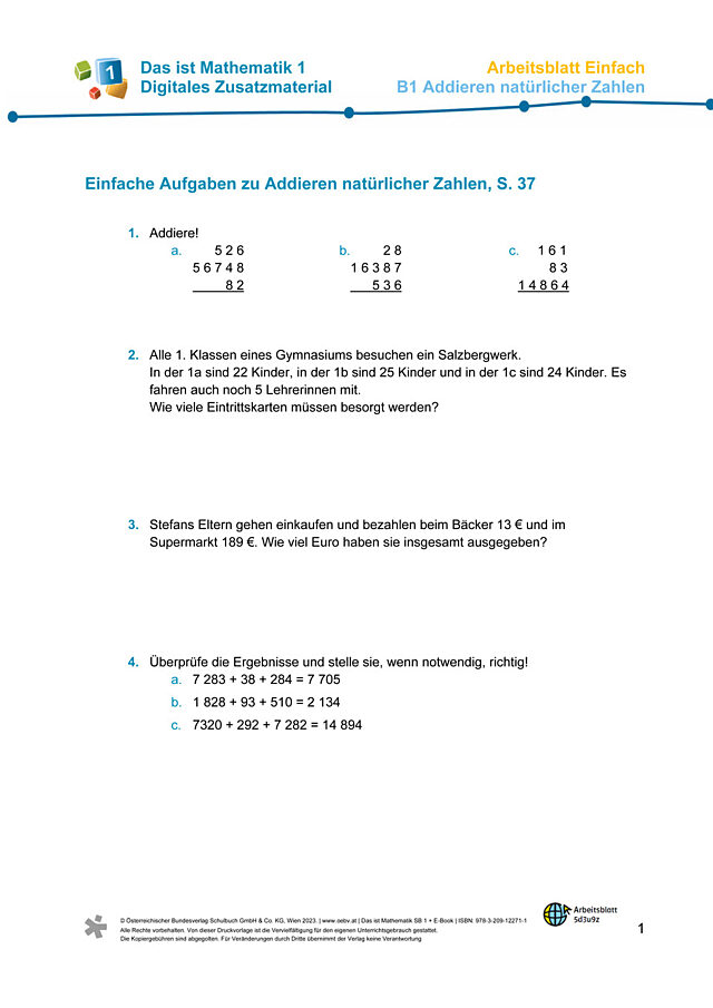 Einfaches AB zu B1 Addieren mit natürlichen Zahlen