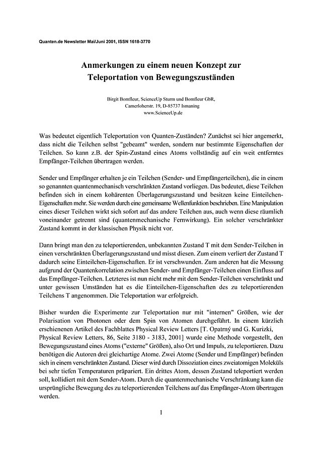 Teleportation von Bewegungszuständen