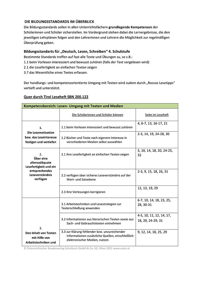 Leseheft Tirol_Liste Bildungsstandards Lesen