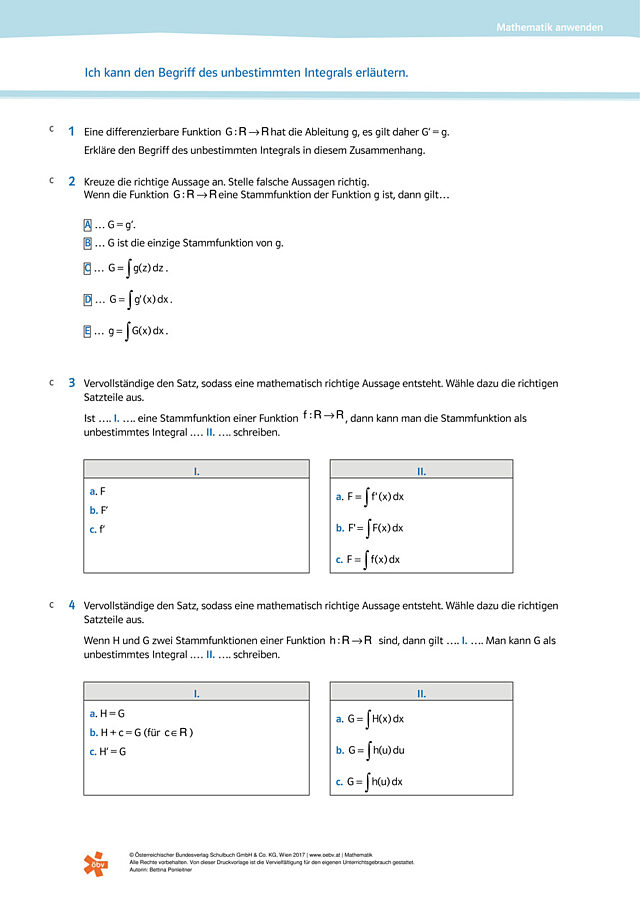 Ich kann den Begriff des unbestimmten Integrals erläutern.