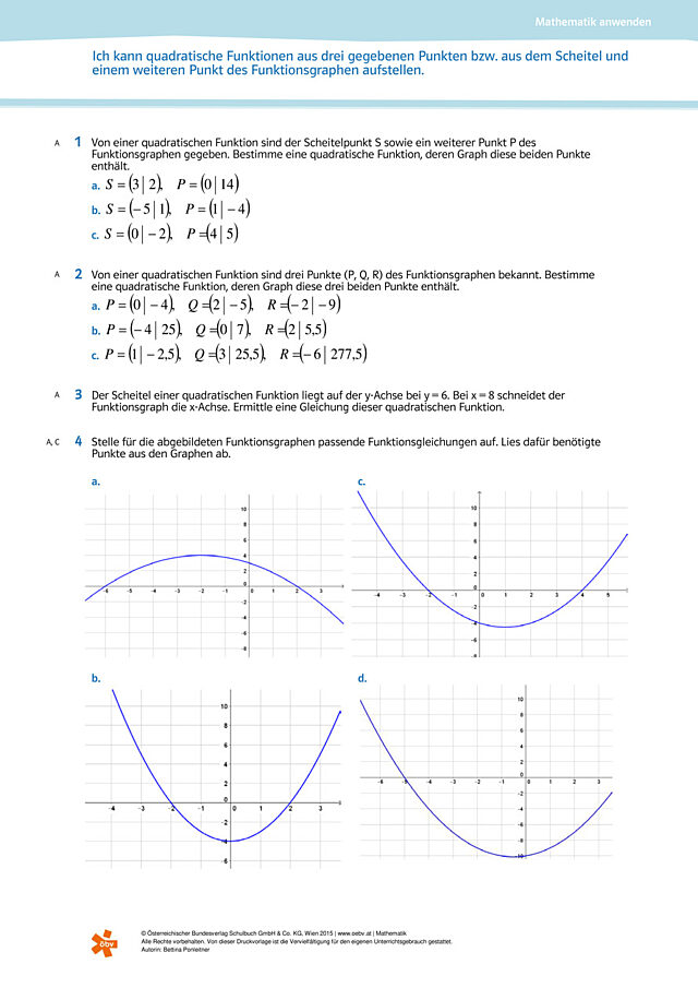 quadratische Funktionen aus drei gegebenen Punkten bzw. aus dem Scheitel und einem weiteren Punkt des Funktionsgraphen aufstellen