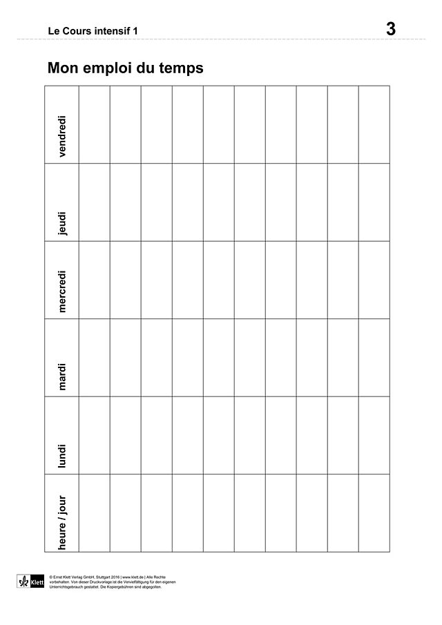 Mon école et moi : Leerer Stundenplan zum Ausfüllen