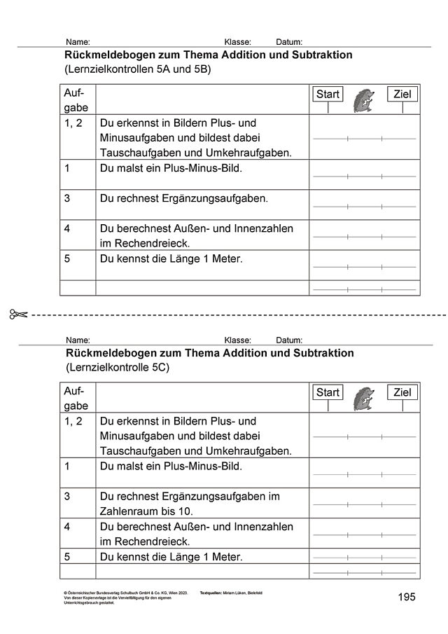 Das Zahlenbuch 1, Rückmeldebogen Lernzielkontrolle 5