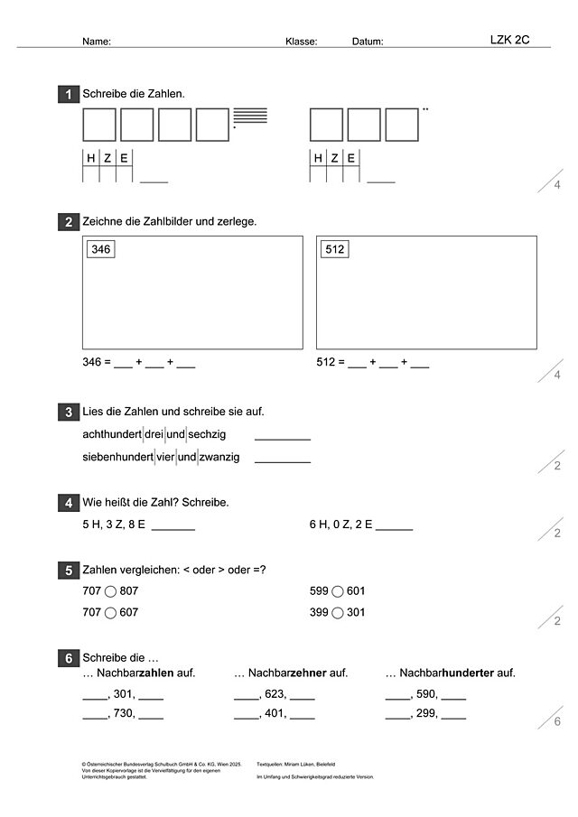 Das Zahlenbuch 3, Lernzielkontrolle 2C