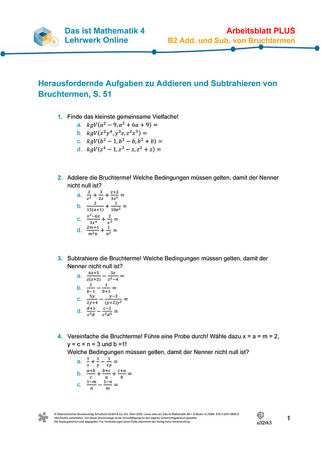 Üben - Addieren und Subtrahieren von Bruchtermen