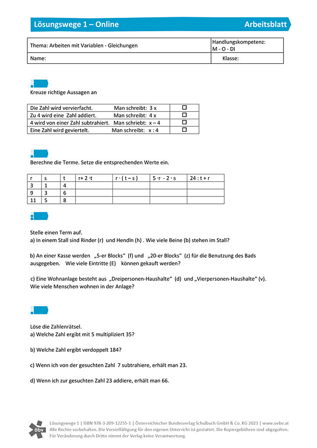 Arbeiten mit Variablen - Gleichungen