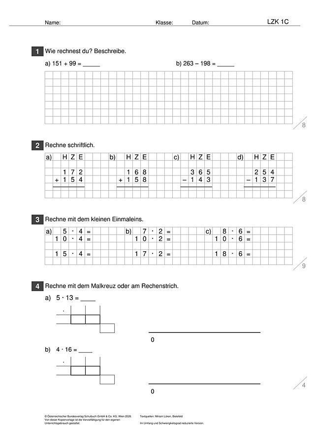 Das Zahlenbuch 4, Lernzielkontrolle 1C