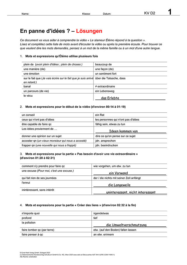 En panne d'idées ? ‒ Lösungen