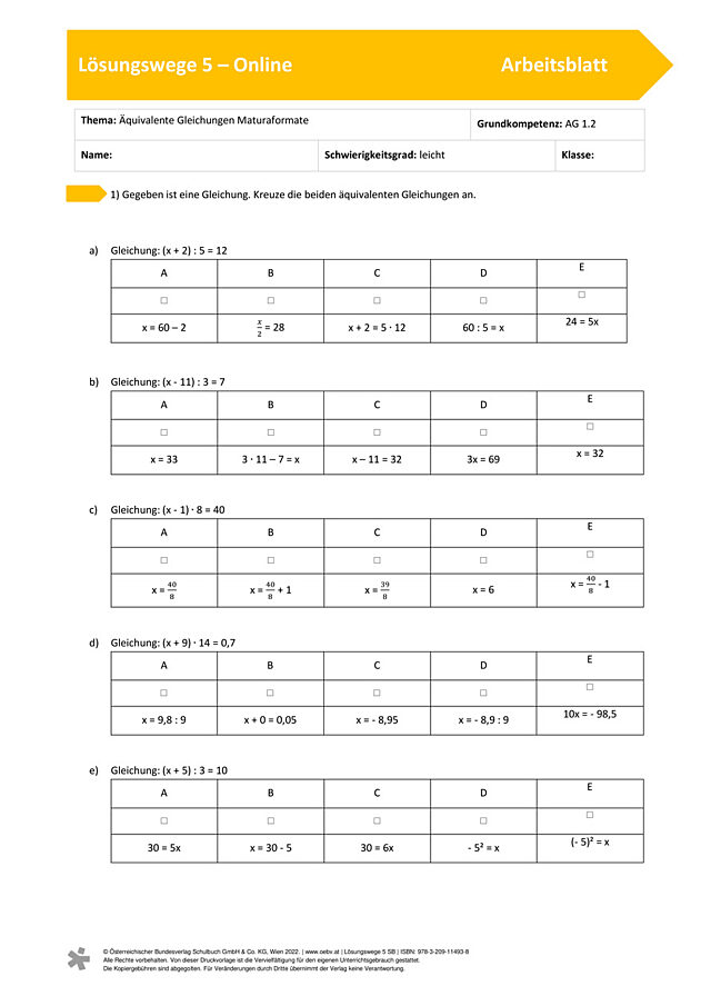 Äquivalente Gleichungen Maturaformate