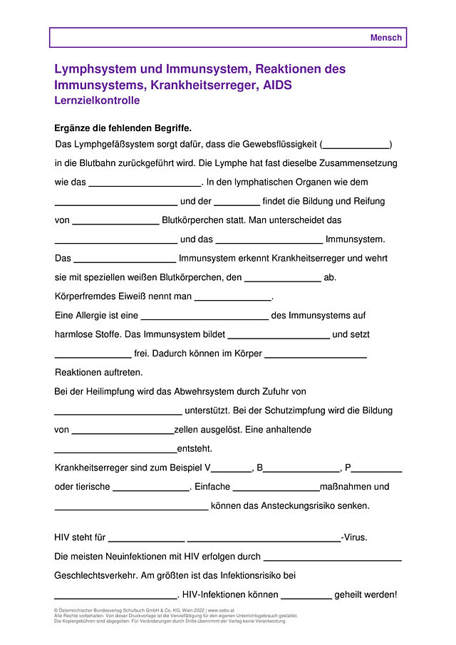 Lymphsystem und Immunsystem, Reaktionen des Immunsystems, Krankheitserreger, AIDS