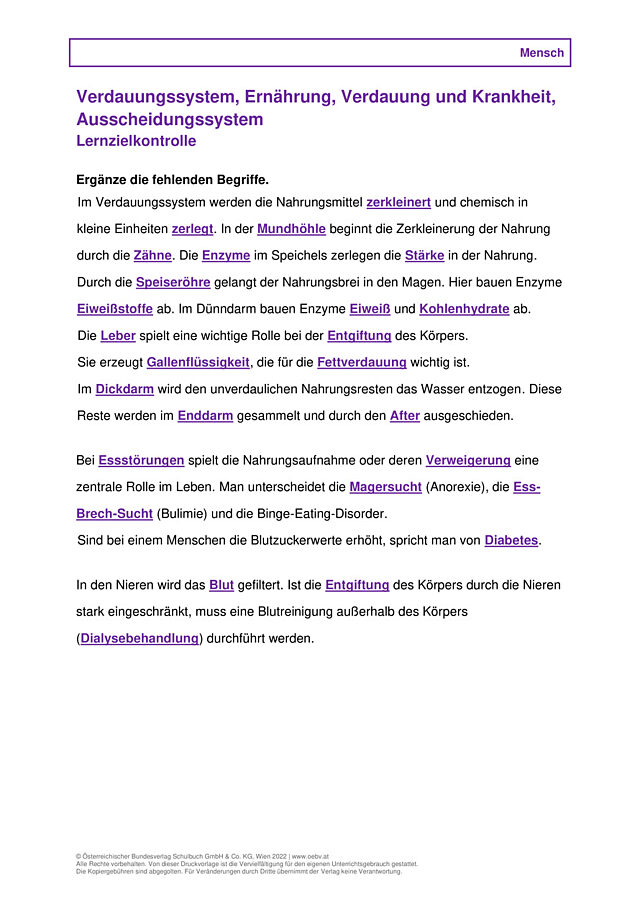 Verdauungssystem, Ernährung, Verdauung und Krankheit, Ausscheidungssystem