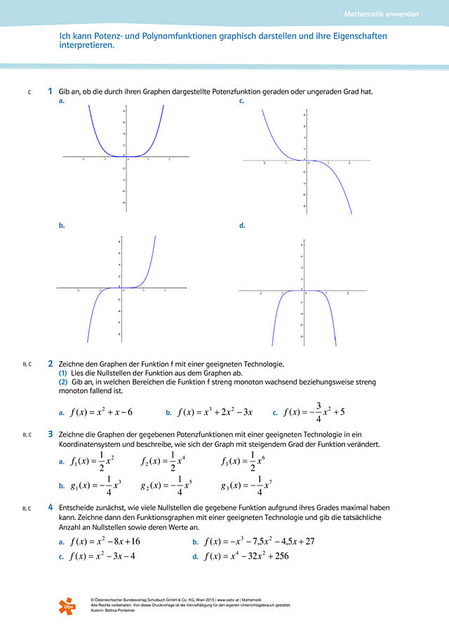 Potenz- und Polynomfunktionen graphisch darstellen und ihre Eigenschaften interpretieren