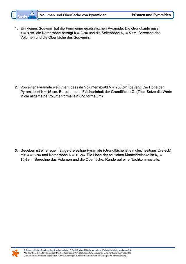 Volumen und Oberfläche von Pyramiden