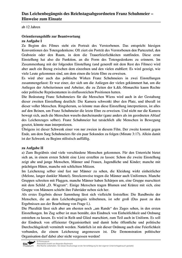 Lösungen: Material zu "Das Leichenbegängnis des Reichstagsabgeordneten Franz Schuhmeier "