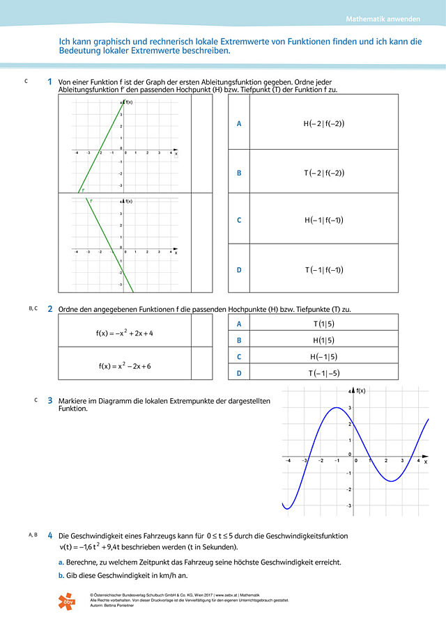 Ich kann graphisch und rechnerisch lokale Extremwerte von Funktionen finden und ich kann die Bedeutung lokaler Extremwerte beschreiben.