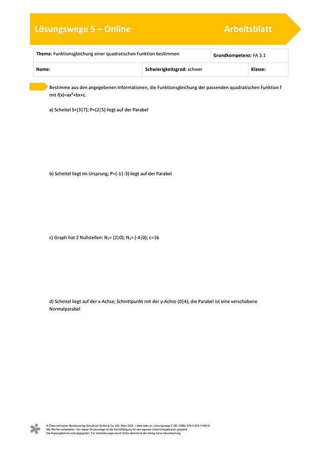 Funktionsgleichung einer quadratischen Funktion bestimmen