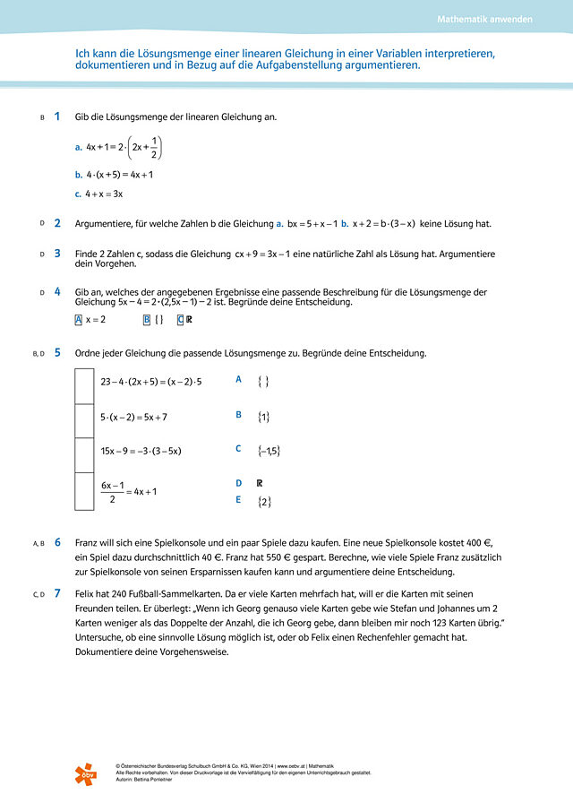 die Lösungsmenge einer linearen Gleichung interpretieren, dokumentieren und argumentieren