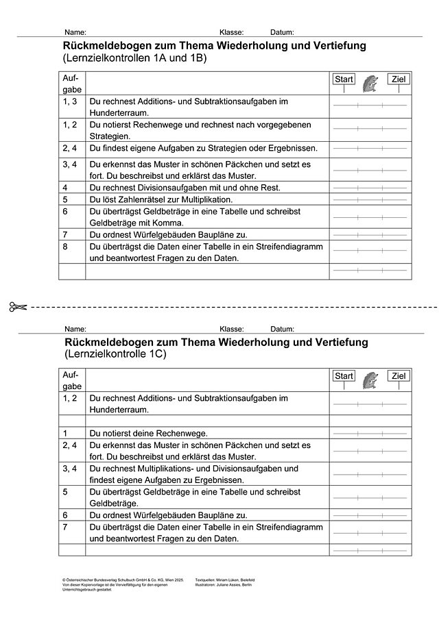Das Zahlenbuch 3, Lernzielkontrolle 1 Rückmeldebogen