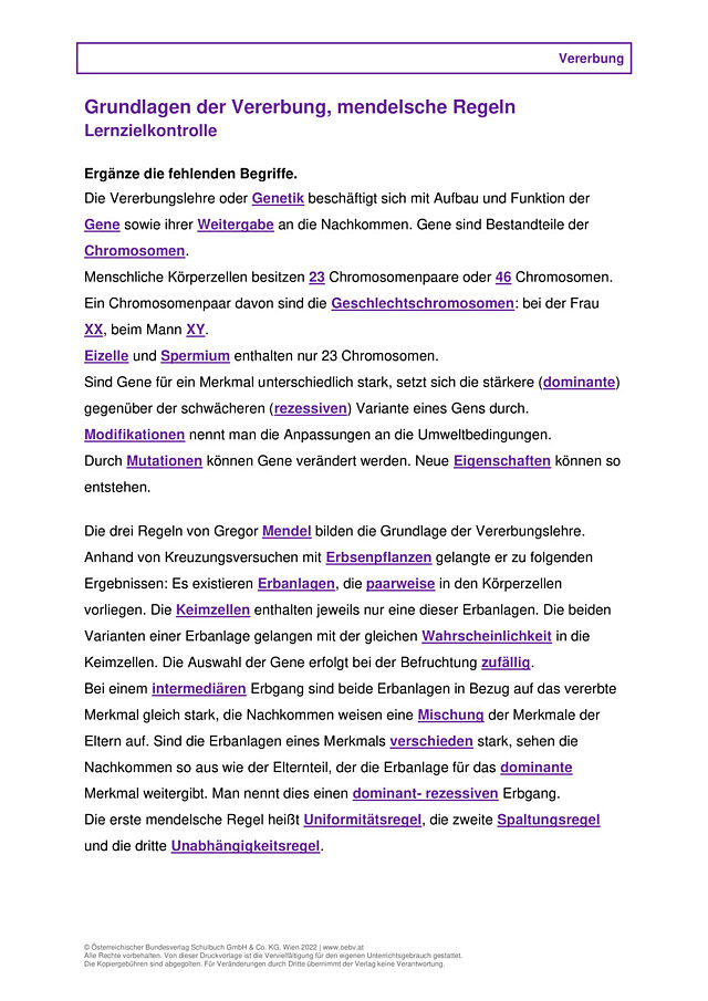 Grundlagen der Vererbung, mendelsche Regeln