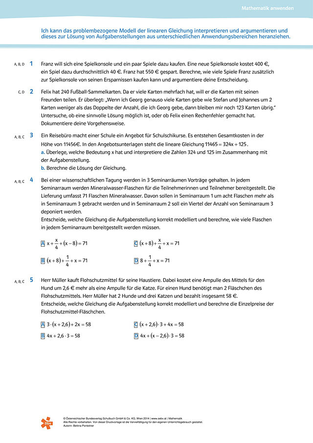 das problembezogene Modell der linearen Gleichung interpretieren und argumentieren
