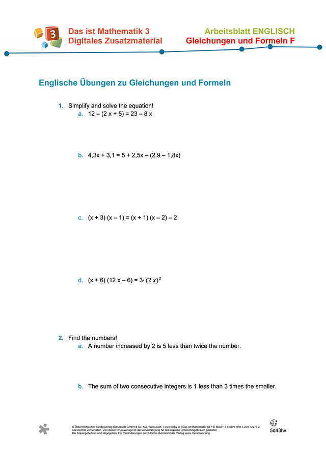 Englische Aufgaben zu F Gleichungen und Formeln