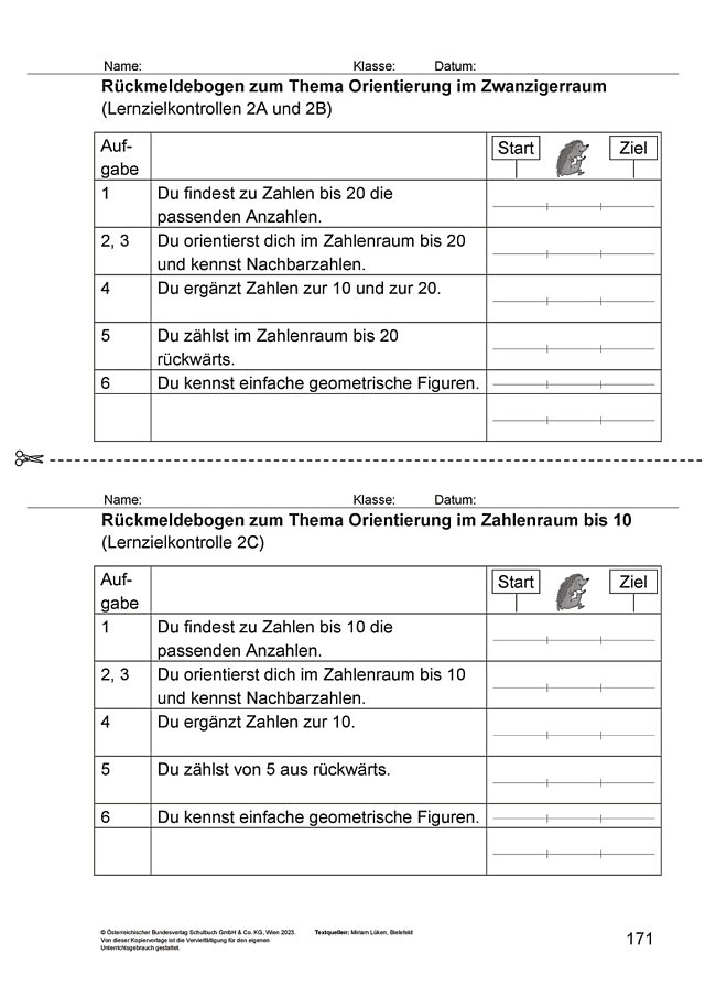 Das Zahlenbuch 1, Rückmeldebogen Lernzielkontrolle 2