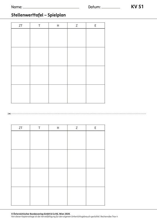 Stellenwerttafel Spielplan