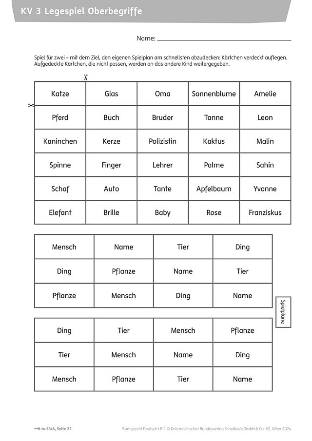 Legespiel Oberbegriffe