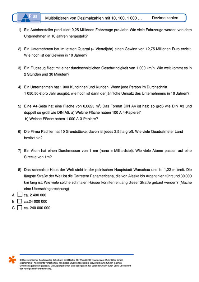 Multiplizieren von Dezimalzahlen mit 10, 100, 1 000 …