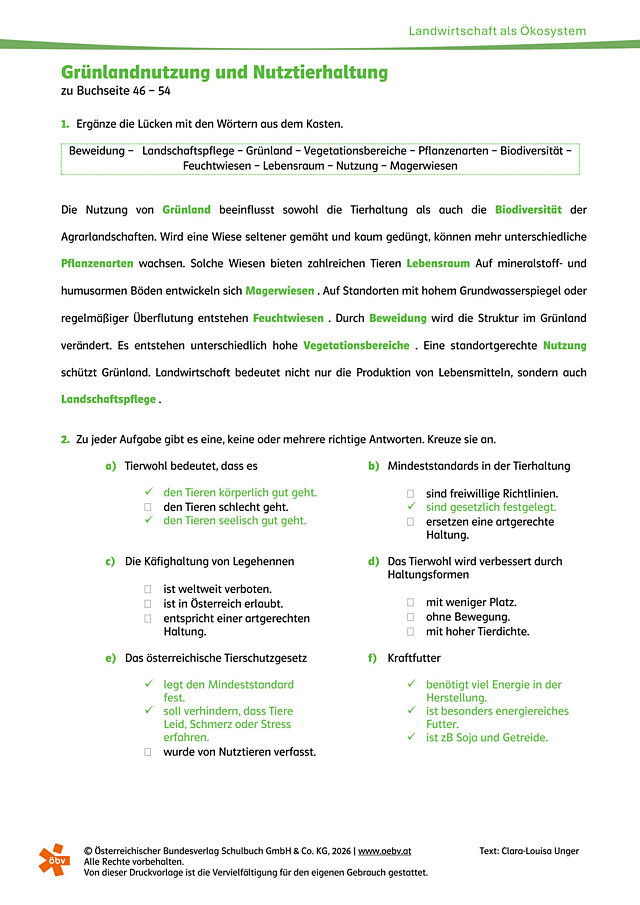 Landwirtschaft – Grünlandnutzung und Nutztierhaltung (Lösung)