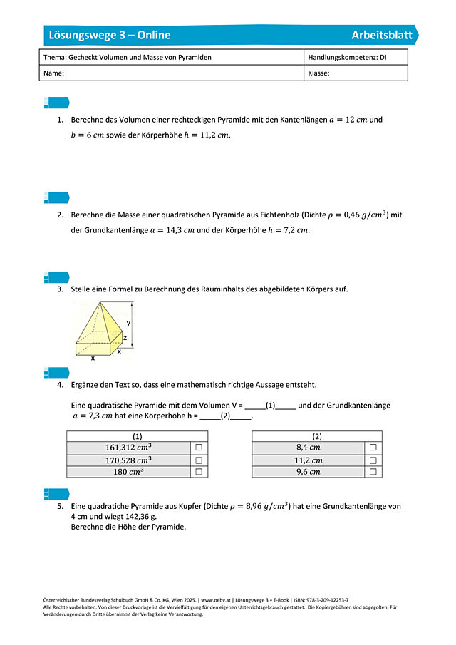 Gecheckt Volumen und Masse von Pyramiden