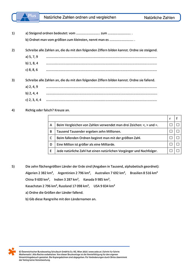 Natürliche Zahlen ordnen und vergleichen