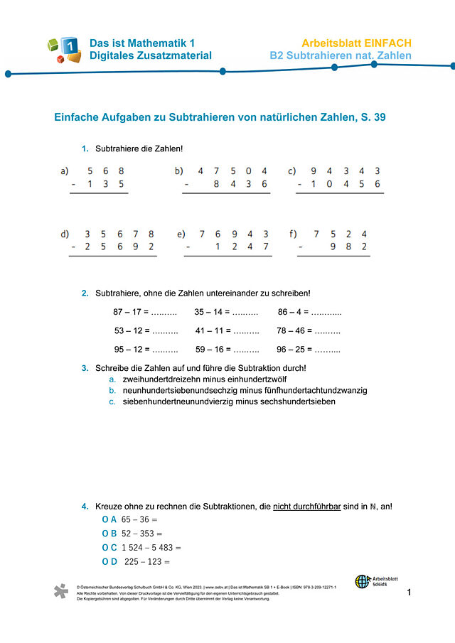 Einfaches AB zu B2 Subtrahieren von natürlichen Zahlen