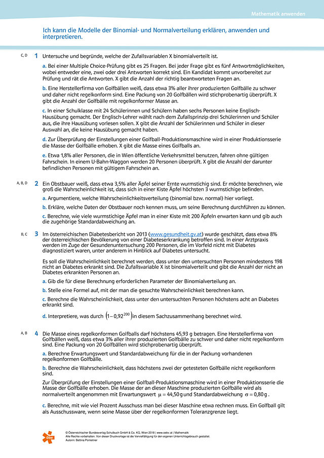 Ich kann die Modelle der Binomial- und Normalverteilung erklären, anwenden und interpretieren.