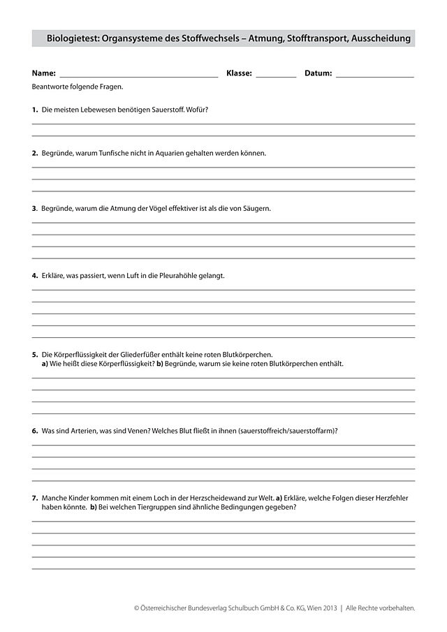 Biologietest: Organsysteme des Stoffwechsels – Atmung, Stofftransport, Ausscheidung