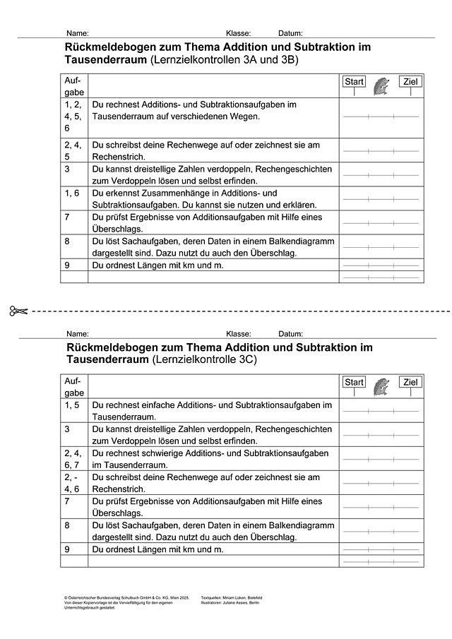 Das Zahlenbuch 3, Lernzielkontrolle 3 Rückmeldebogen