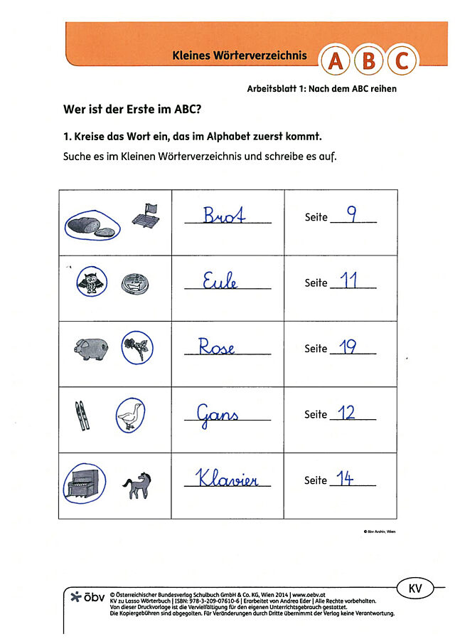 Nach dem ABC reihen, Im Kleinen Wörterverzeichnis nachschlagen