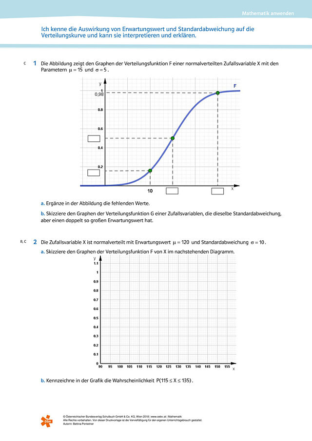 Ich kenne die Auswirkung von Erwartungswert und Standardabweichung auf die Verteilungskurve und kann sie interpretieren und erklären.