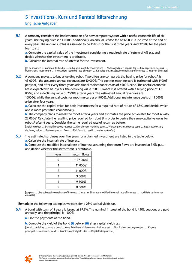 Investitions-, Kurs und Rentabilitätsrechnung