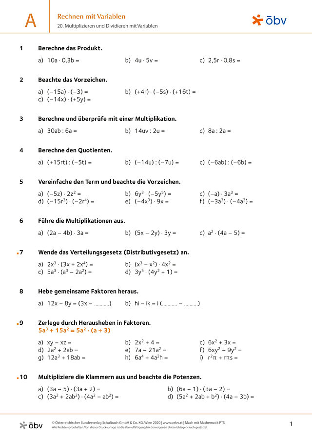 20. Multiplizieren und Dividieren mit Variablen - Potenzen