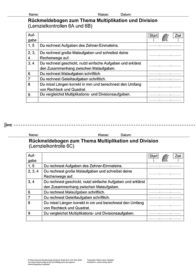Das Zahlenbuch 3, Lernzielkontrolle 6 Rückmeldebogen