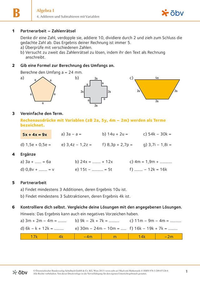 4. Addieren und Subtrahieren mit Variablen