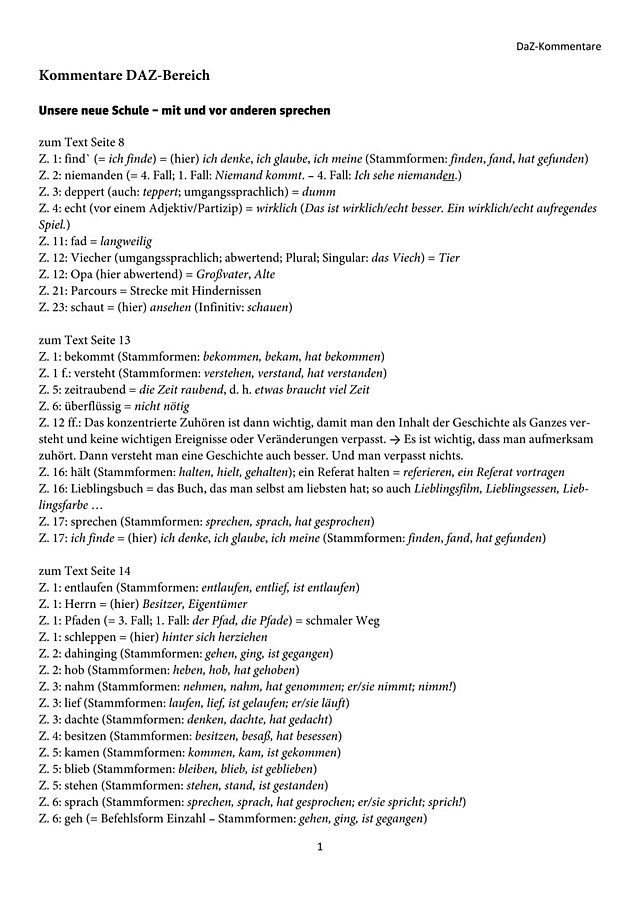 DaZ-Kommentare zu Texten im Sprachbuch