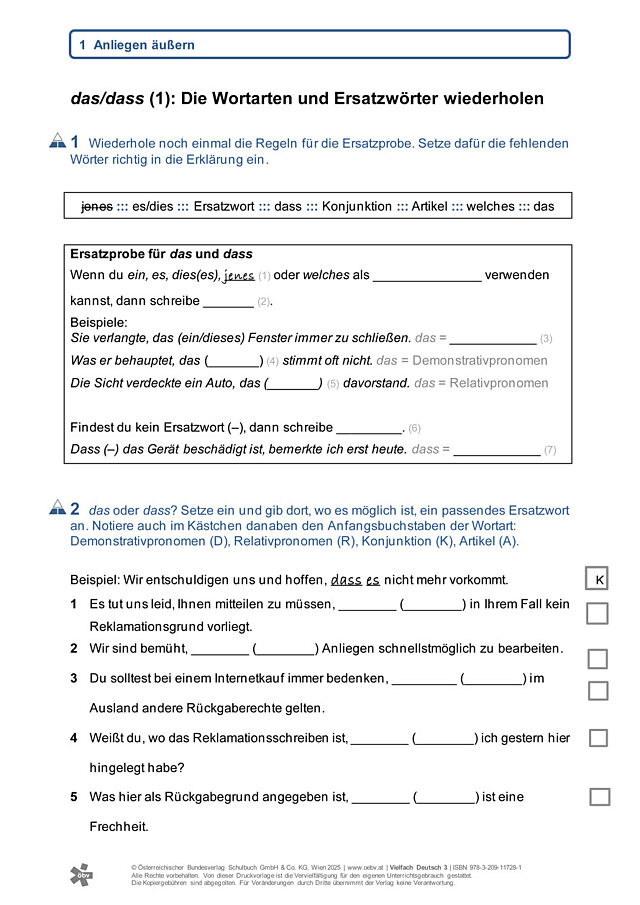 das/dass 1: Die Wortarten und Ersatzwörter wiederholen