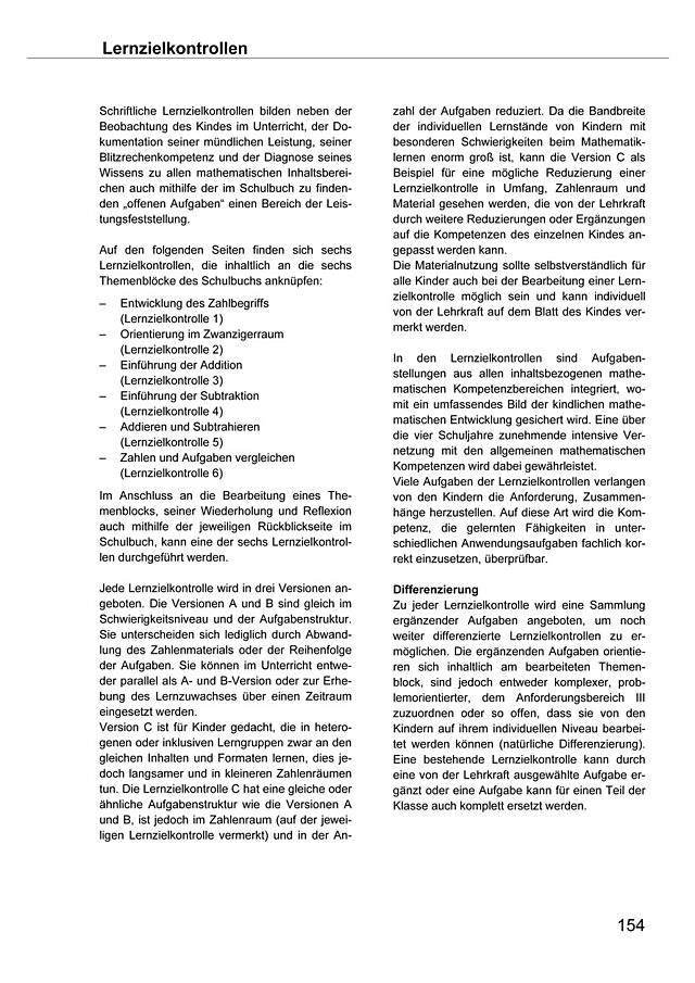 Das Zahlenbuch 1, Didaktische Hinweise zu den Lernzielkontrollen