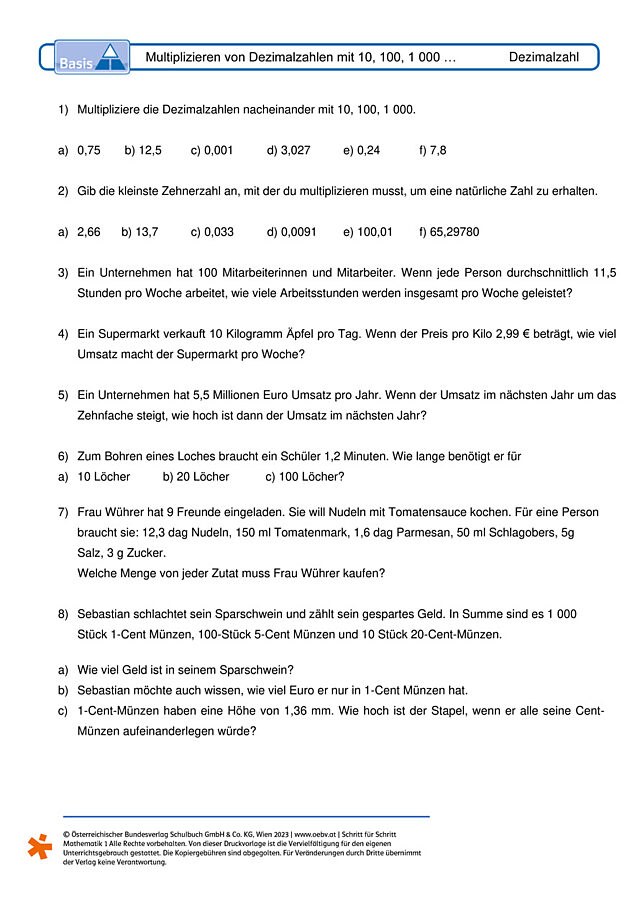 Multiplizieren von Dezimalzahlen mit 10, 100, 1 000 …