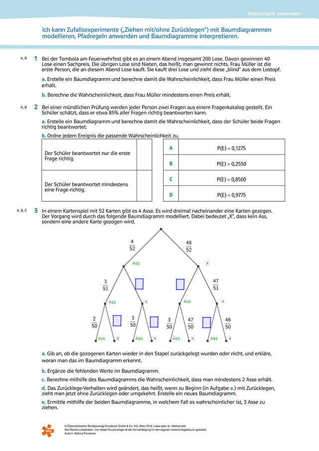 Ich kann Zufallsexperimente („Ziehen mit/ohne Zurücklegen“) mit Baumdiagrammen modellieren, Pfadregeln anwenden und Baumdiagramme interpretieren.