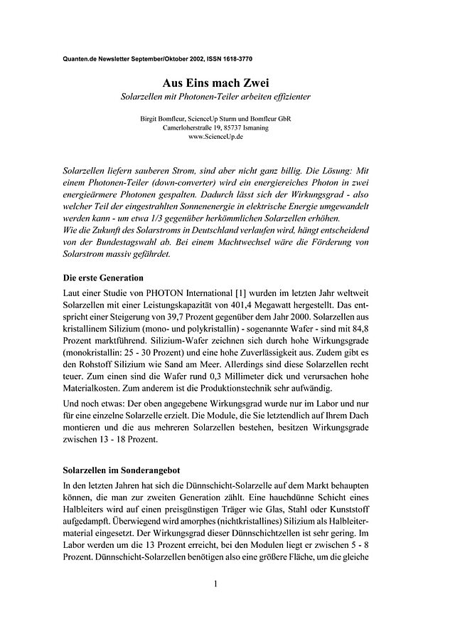 Aus Eins mach Zwei - Artikel über Solarzellen mit Photonenteiler